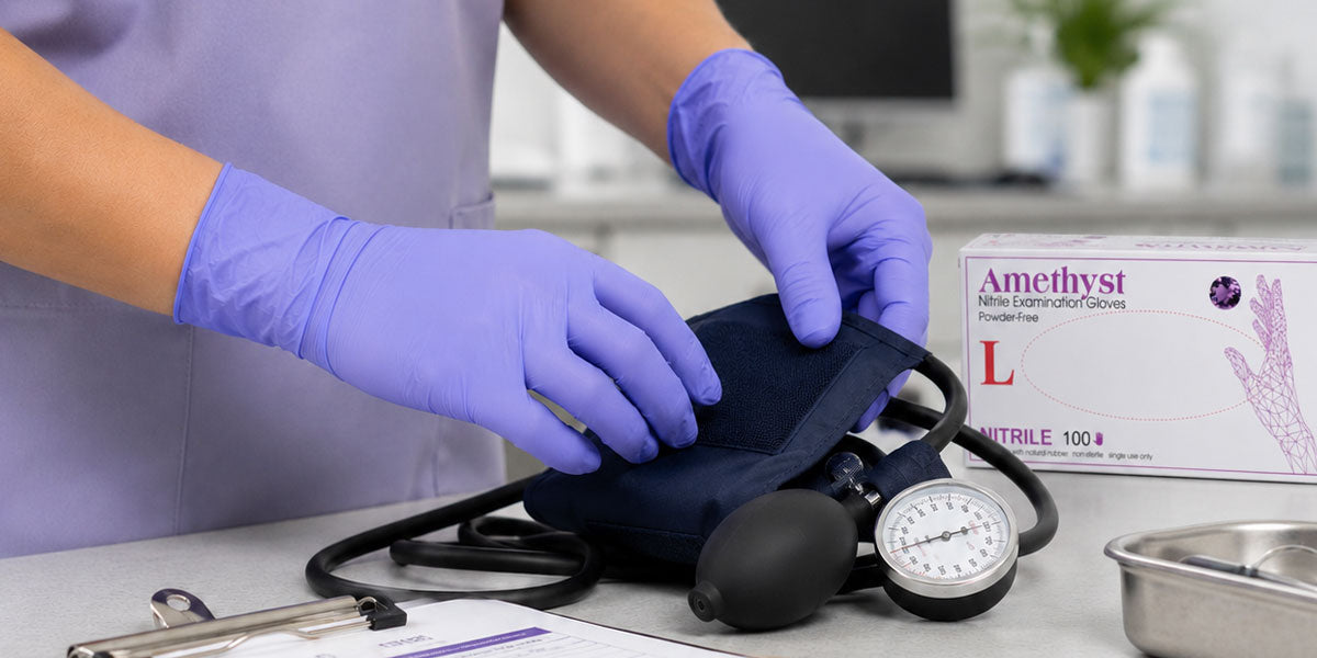 Professional wearing non-sterile nitrile exam gloves in a clinical setting