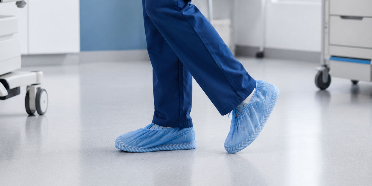 Professional wearing shoe covers in a clinical setting