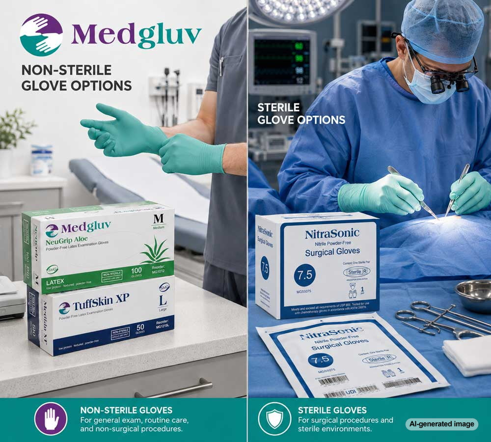 Sterile and non-sterile MedGluv glove options organized for professional purchasing