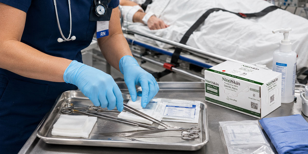 Professional wearing sterile exam gloves in a clinical setting