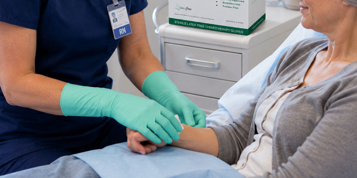 Professional wearing sterile gloves in a clinical setting