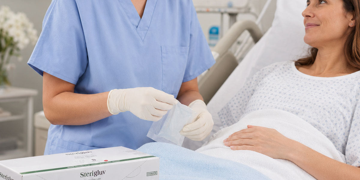 Professional wearing sterile latex exam gloves in a clinical setting