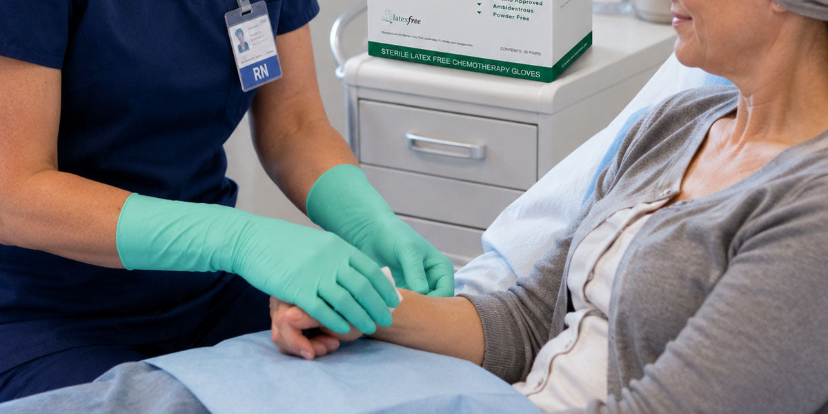 Professional wearing sterile neoprene exam gloves in a clinical setting