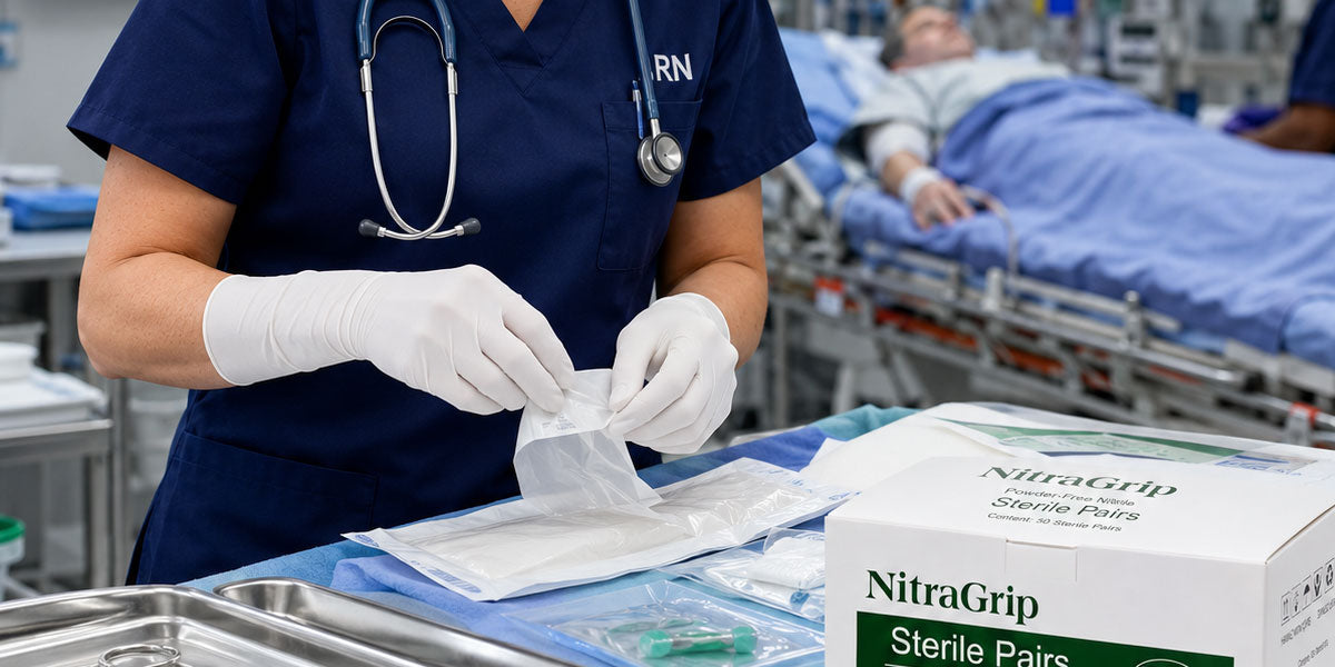 Professional wearing sterile nitrile exam gloves in a clinical setting