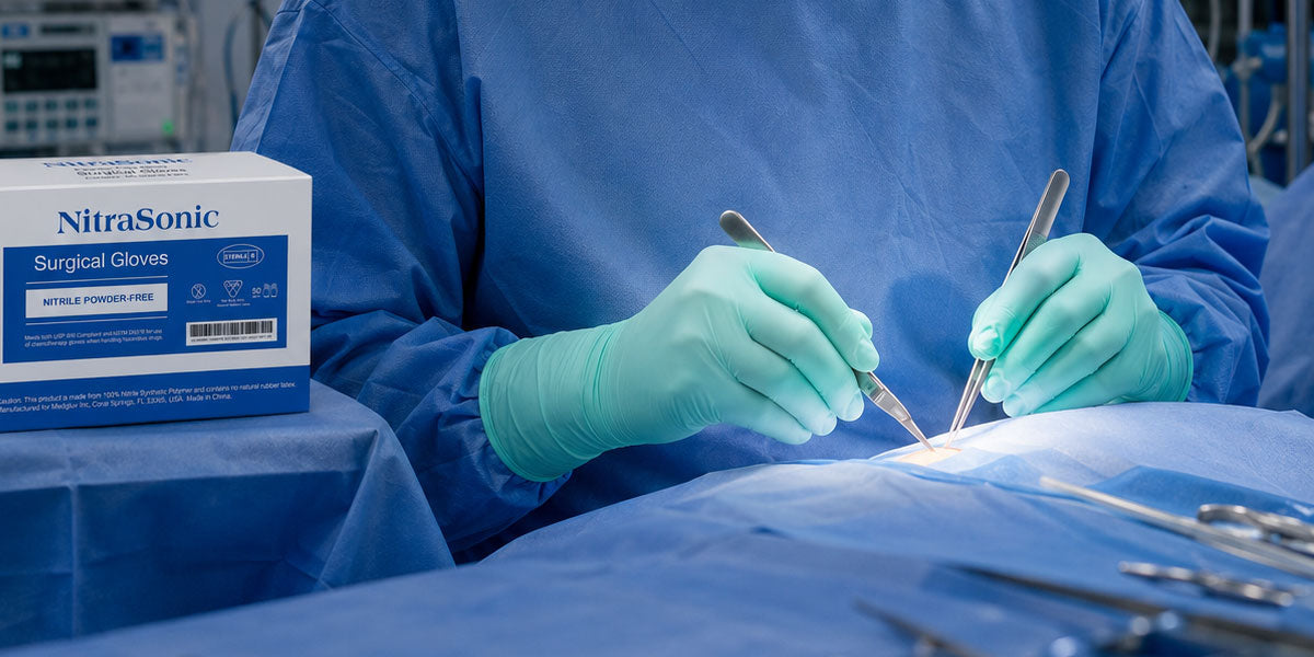 Professional wearing sterile nitrile surgical gloves in a clinical setting