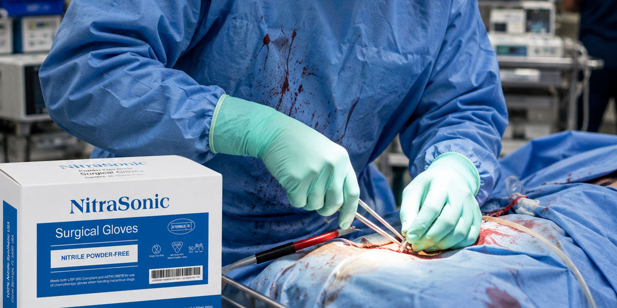 Professional wearing surgical gloves in a clinical setting