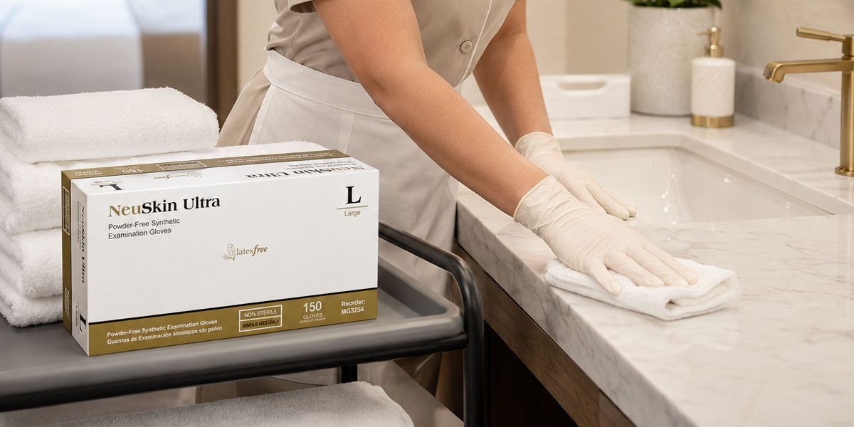Professional wearing vinyl gloves in a clinical setting